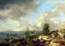 212/wouwerman, philips - a dune landscape with a river and many figures